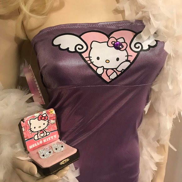 🍭vinatge y2k custom hello kitty dress with feathered trim and crystal earings ! - Picture 4 of 11